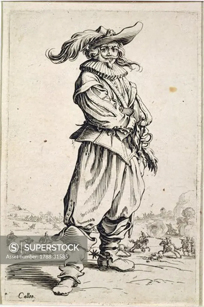 France, 17th century. The Musketeer. Etching from the series La Noblesse by Jacques Callot (1592-1635).