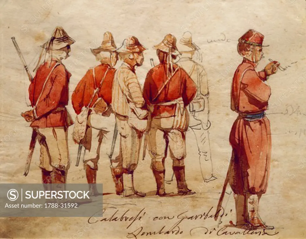 Italy, 19th century. Calabrian soldiers during the Expedition of the Thousand. Illustration by Ippolito Caffi (1809-1866).