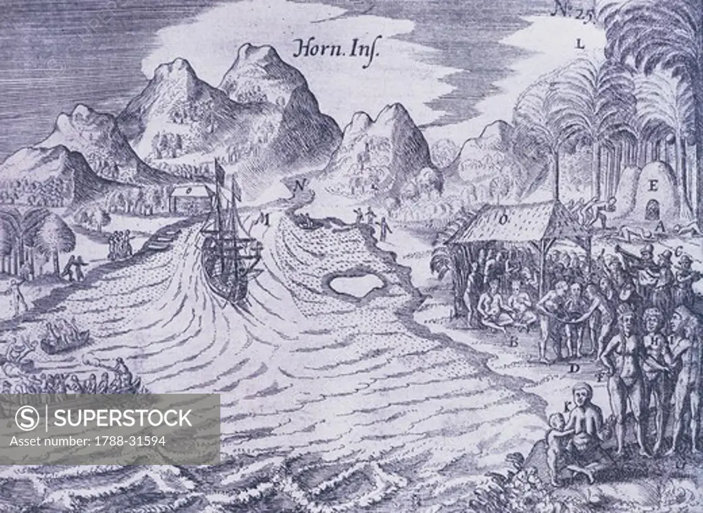 Arrival on Horn Island in the seventeenth century, etching from Journey towards Australia by Jacob Le Maire and Willem Cornelisz Schouten, 1615-1617.