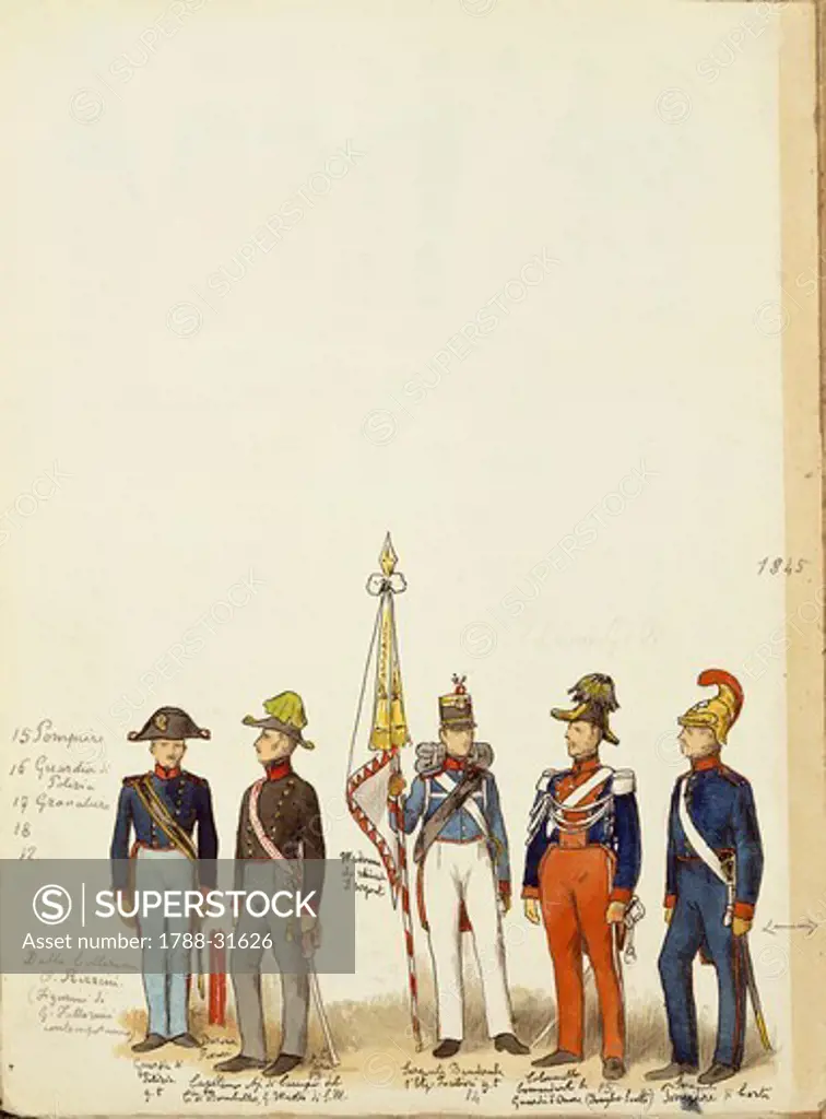 Militaria, Italy, 19th century. Military uniforms, 1845. Color plate by Quinto Cenni.