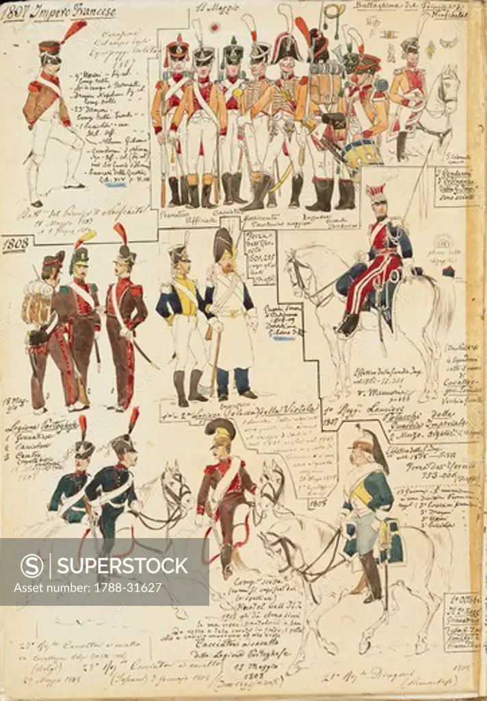 Militaria, France, 19th century. Military uniforms of the French Empire, 1807-1808. Color plate by Quinto Cenni.