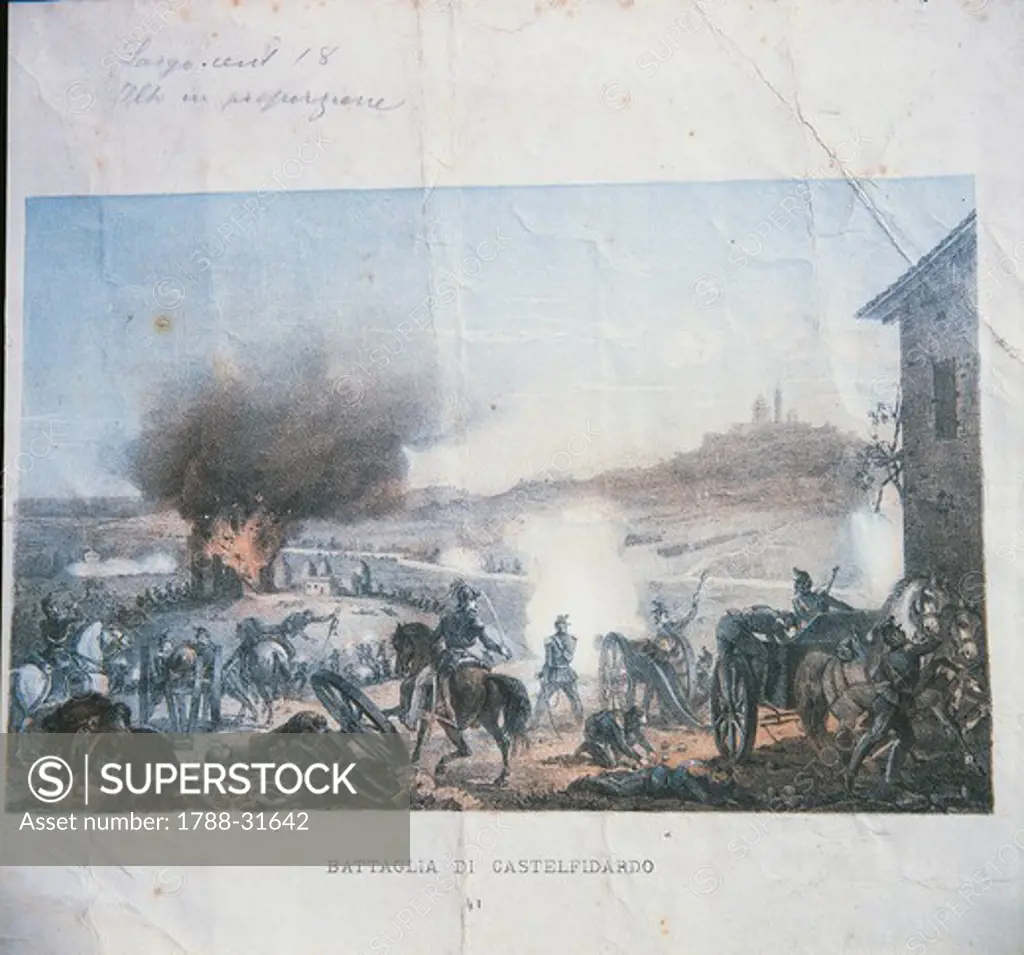 Italy - 19th century, Second War of Independence - Battle of Castelfidardo, 18 September 1860. Coloured print.