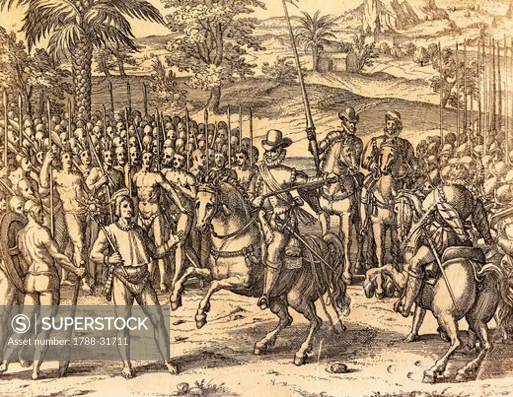 Pizarro being welcomed by the natives, 1602, engraving from American History by Theodore de Bry, Peru 17th Century.