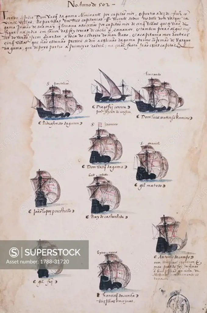 Ship for a Portuguese seafaring expedition to india, from the Memory of Armadas, 16th Century.