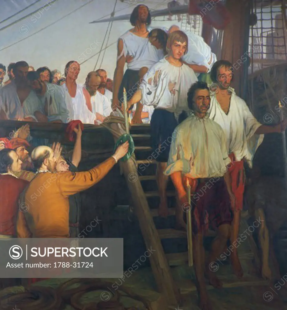 Juan Sebastian Elcano (Getaria 1476-Pacific Ocean 1526) and his crew, painting.