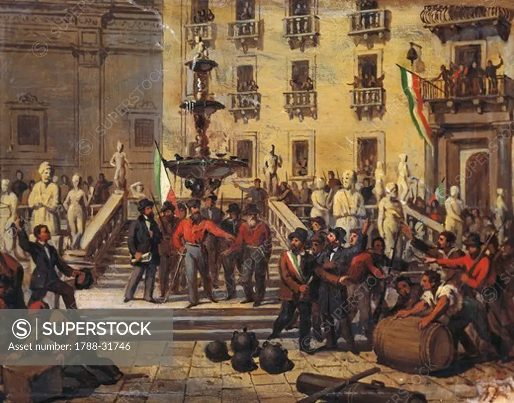 Italy - 19th century, Expedition of the Thousand - Giuseppe Garibaldi in Pretoria Square in Palermo, June 1860.