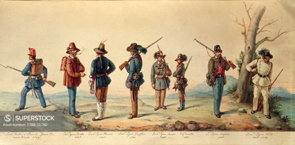 Militaria, Italy, 19th century. Uniforms of the Italian Legion, 1848.