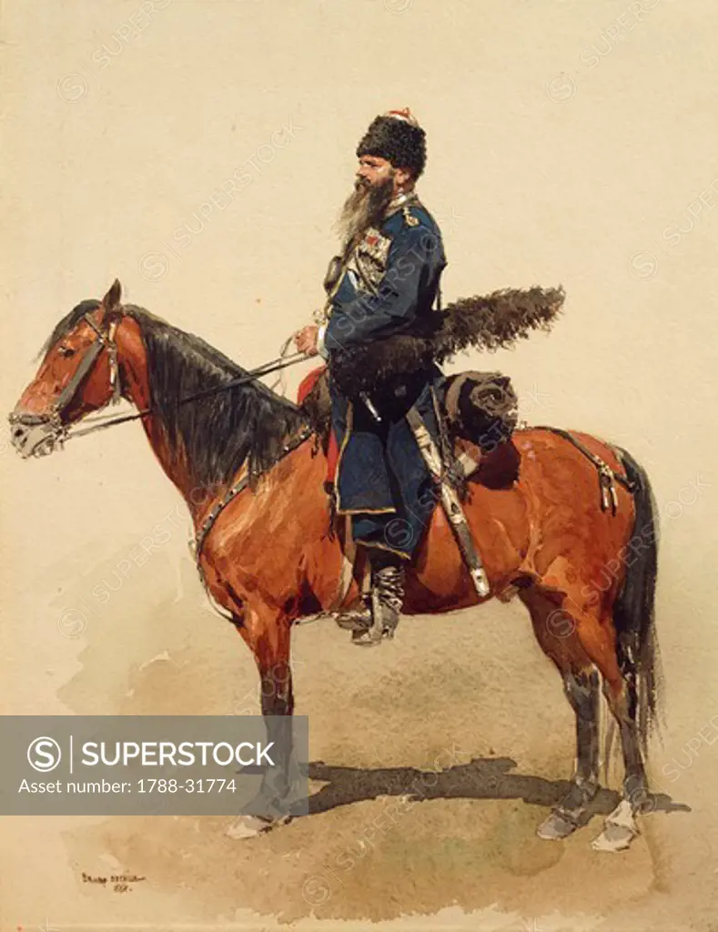 Militaria, Russia, 19th century. Russian Guard Cossack on horseback, Ataman regiment. Watercolor by Edouard Detaille, 1884.