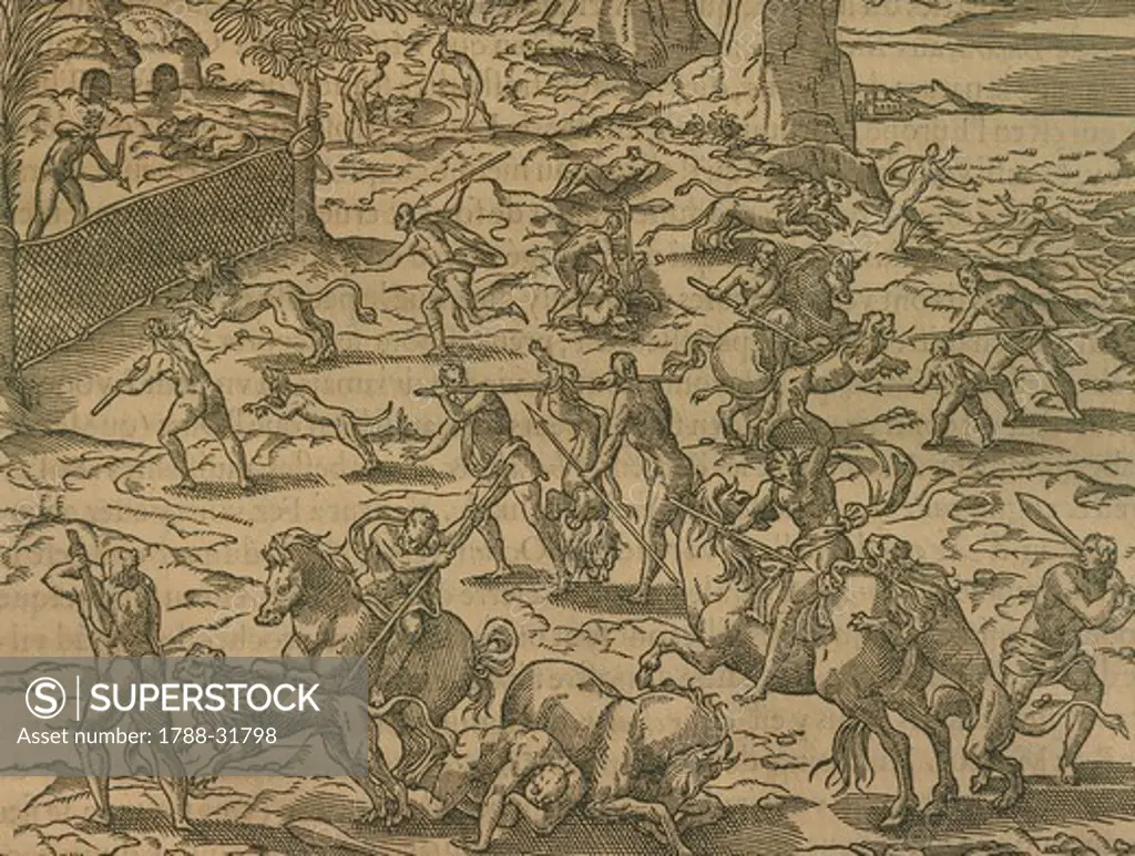 Hunting spree, 1575, engraving from Cosmography by Andre Thevet, Africa 16th Century.