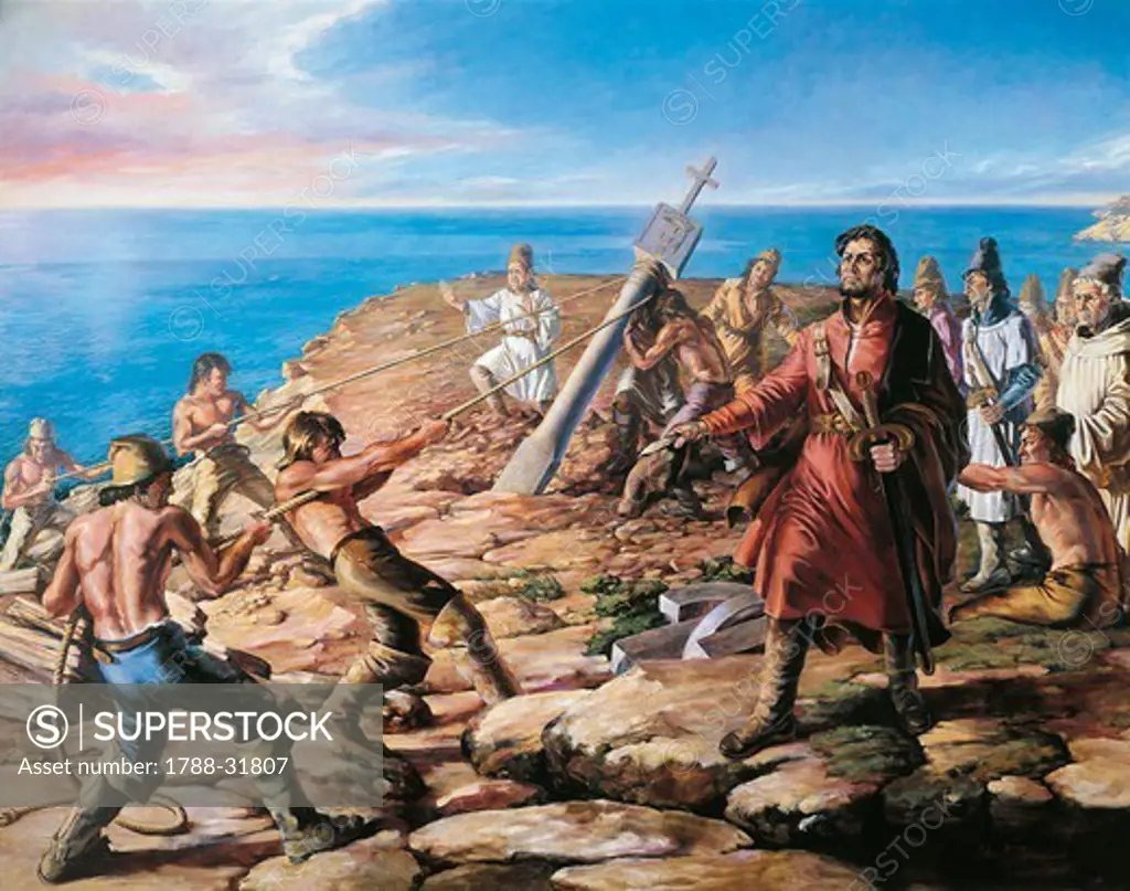 The Portuguese explorer, Diego Cao (or Diogo Cao, 1450-1486), erecting a cross in South-West Africa (Cap do Padrao), Africa 15th Century.