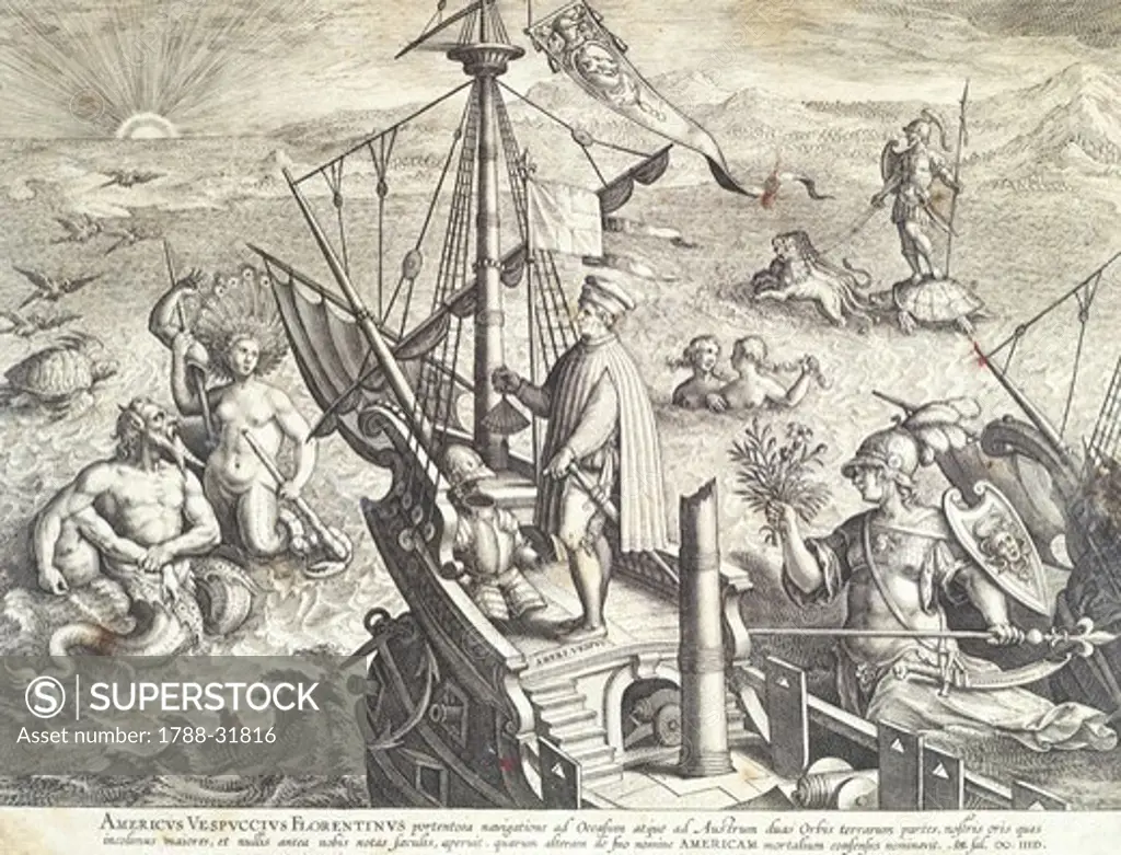 Amerigo Vespucci sailing towards America, engraving by Collaert.