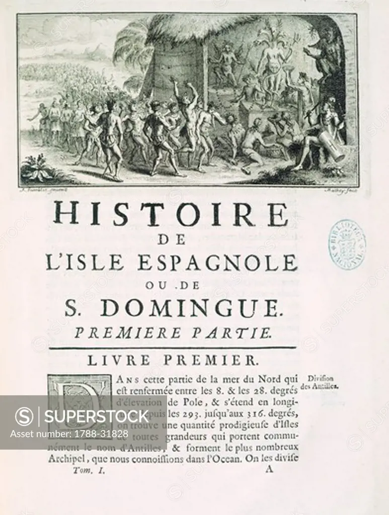 Title page from, History of the Island of San Domingo written by the Jesuit priest Father Pierre Francois Xavier Charlevoix, 1730.
