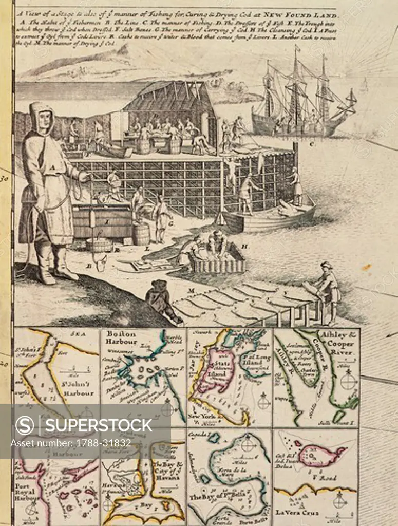 A fishermen colony in Newfoundland, 1709-1720, from A new and correct map of the world, laid down according to the newest discoveries, by Herman Moll, Canada 18th Century.