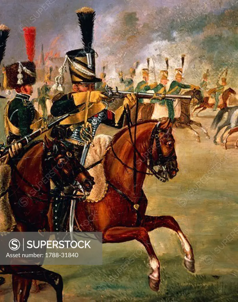Russia, 19th century, Napoleonic wars - French cavalry officers chasing Cossacks. Russia campaign, 1812. Detail.
