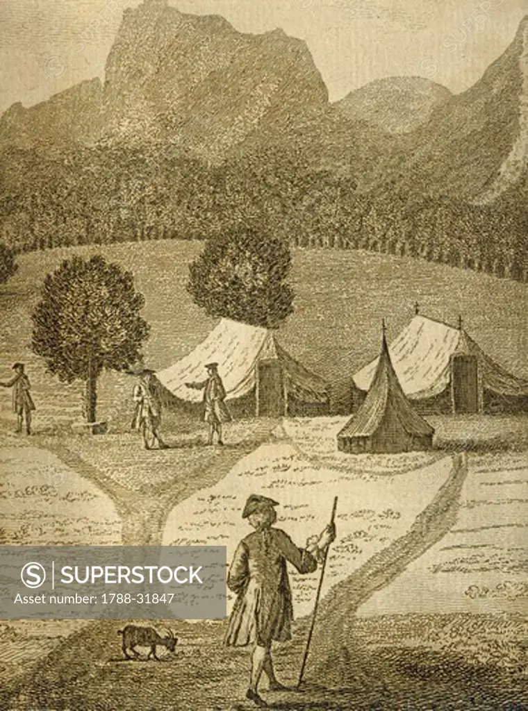 A view of the Commodore's tent on the island of Juan Fernandes, 1769, engraving from A Voyage Round the World by George Anson.