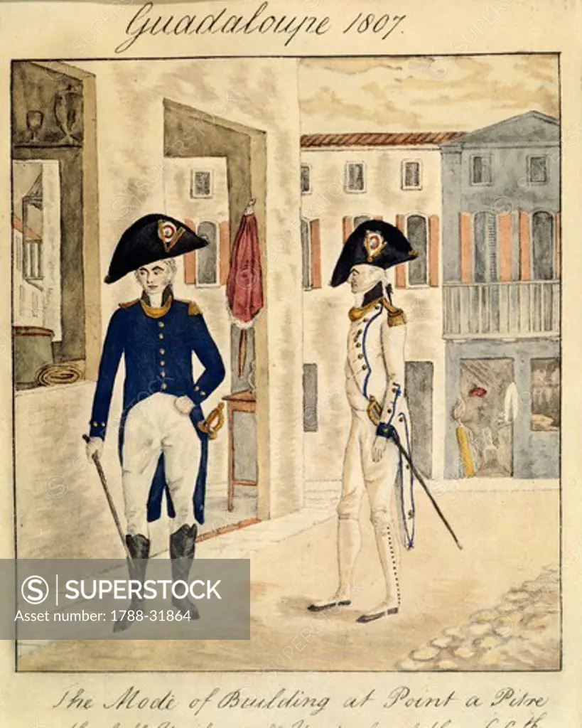 Guadeloupe, 19th century. Officer of the 66 infantry regiment, 1807. English watercolor of the time.