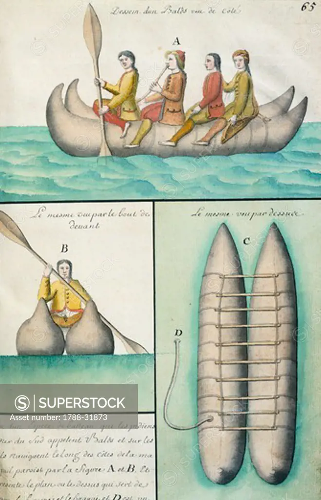 Typical native boat (Balds), 1698, watercolor from Journey by Jacques Gouin de Beauchene, Captain in the South Seas, South America 17th Century.