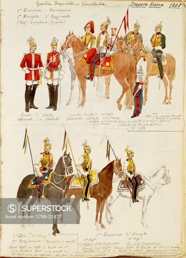 Militaria, Russia, 19th century. Uniforms of the Russian Imperial Guard, 1867. Color plate by Quinto Cenni.