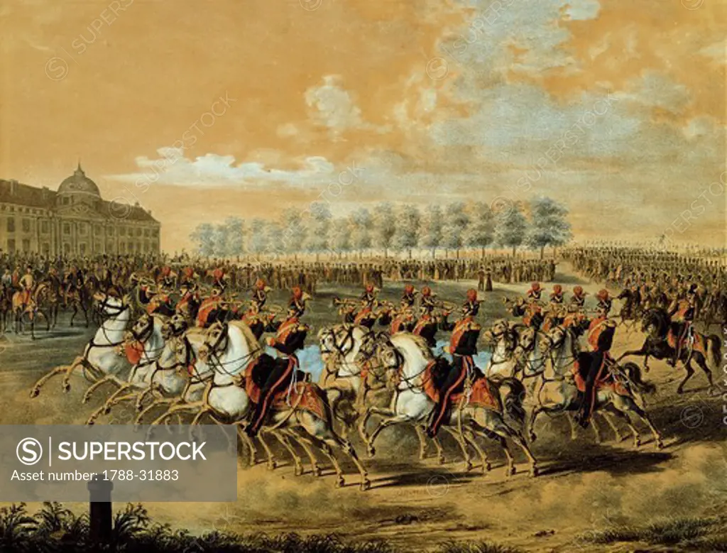 Militaria, Austria, 19th century. Cavalry parade, 1860. Watercolour
