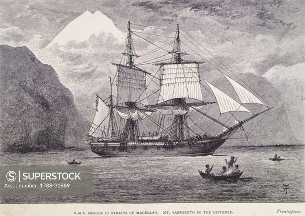The HMS Beagle on which Robert Fitz-Roy carried out his hydrographic studies close to the Straits of Magellan, illustration from Voyage of the Beagle by Charles Darwin, 19th Century.