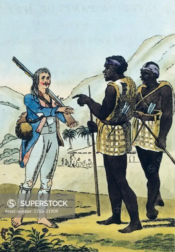 The explorer Damberger in Caffraria (South-West Africa), 1801, engraving from Travel by Damberger.