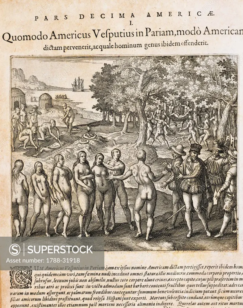 Amerigo Vespucci discovers the primitive population on the Orinoco Delta, 1590, engraving from the West Indies and American History by Theodore de Bry.