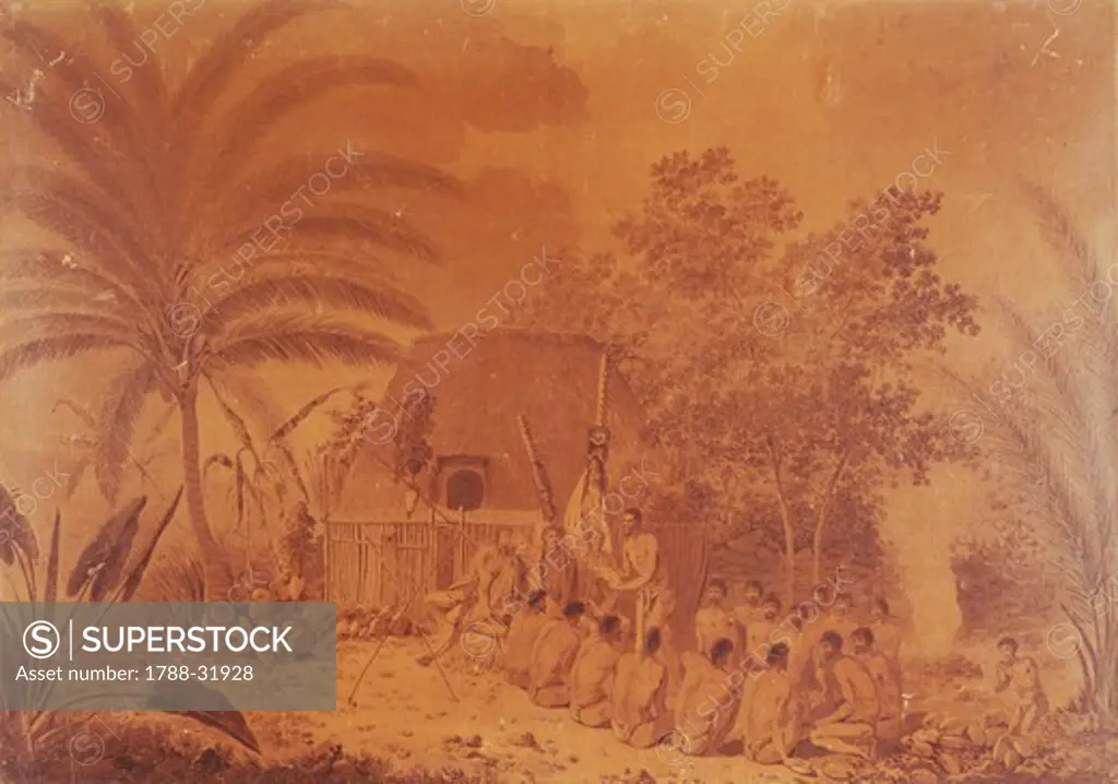 Offerings to Captain James Cook, engraving by John Webber, Polynesia 18th Century.