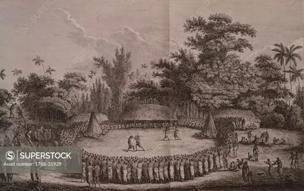 Welcoming ceremony for Captain James Cook in Hapaee, 1784, engraving from the James Cook Atlas, Polynesia 18th Century.