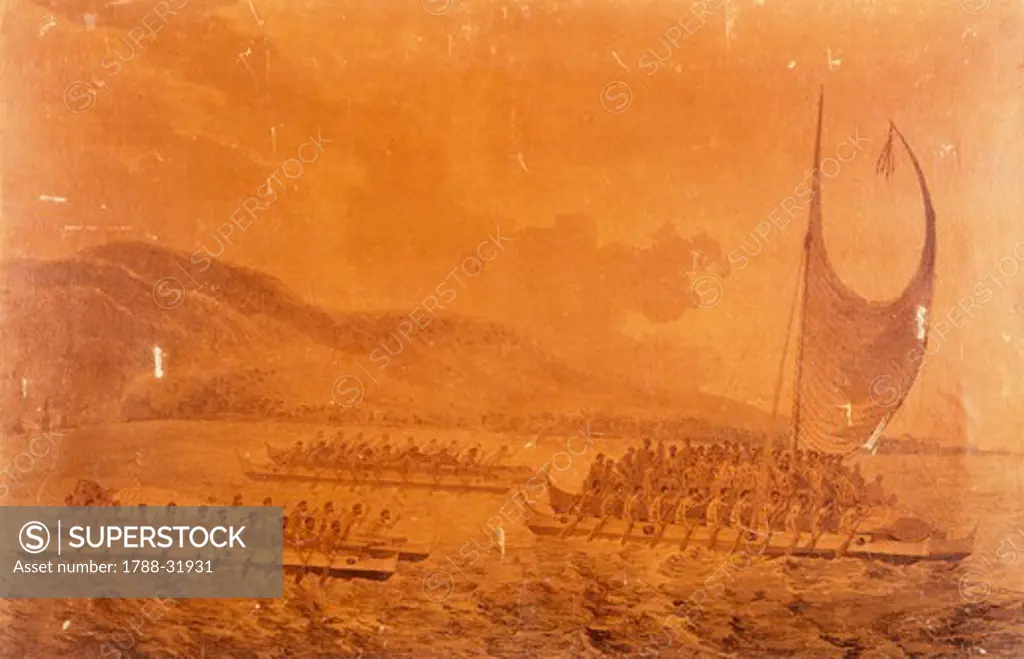 Canoes going to meet Captain James Cook, 1768-1769, engraving by John Webber from Travels of James Cook, Polynesia, 18th Century.