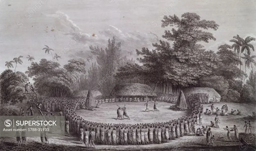 Tonga Islands: Welcoming ceremony for Captain James Cook, 1776-1779, engraving by John Webber from the Third Voyage of James Cook, Polynesia 18th Century.