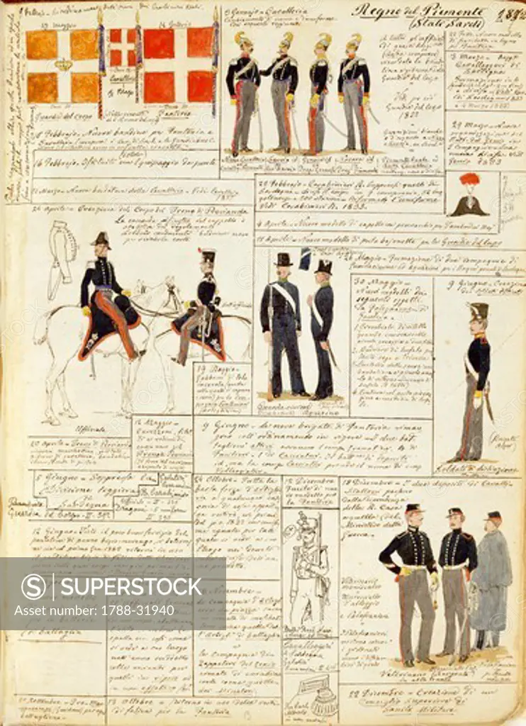 Militaria, Italy, 19th century. Various uniforms of the Kingdom of Sardinia, 1832. Color plate by Quinto Cenni.