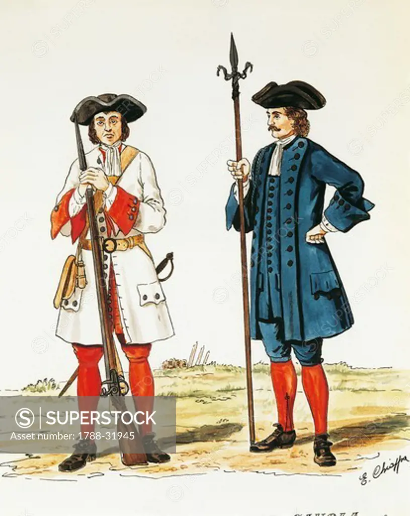 Militaria, Italy, 18th century. Army of the Duke of Savoy: riflemen of the Regiment des Portes, artillery battalion. Color engraving by E. Chioppa.