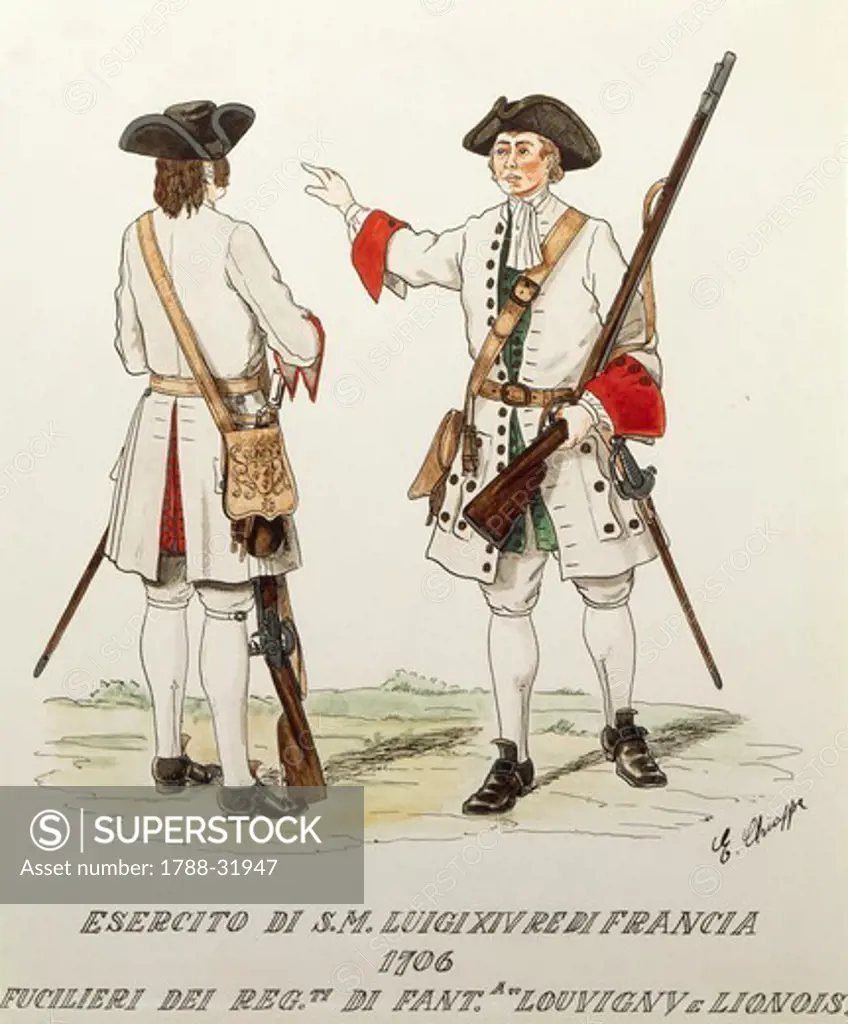 Militaria, France, 18th century. Army of Louis XIV known as the Sun King: riflemen of Royal Louvigny and Lionois Infantry Regiment, 1706. Color engraving by E. Chioppa.