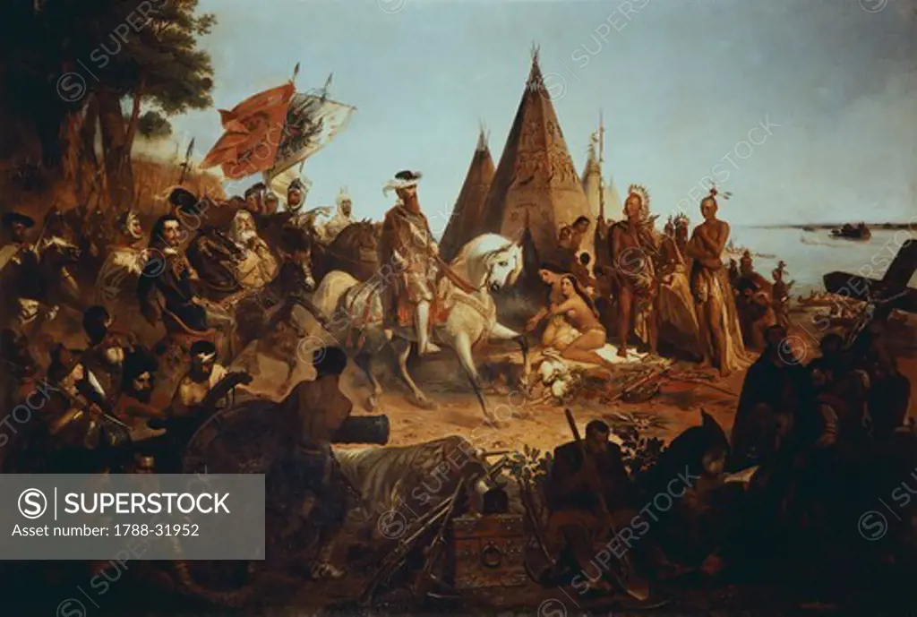 Spanish conqueror Hernando de Soto arriving in Mississippi, painting by William Henry Powell, America 16th Century.