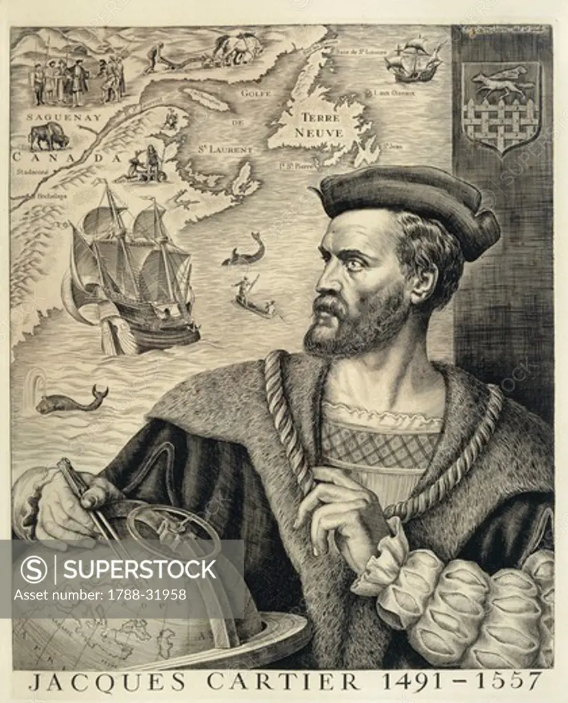 Jacques Cartier (Saint-Malo, 1491-1557), French navigator who reached Canada, Newfoundland and Labrador, setting the foundations for French dominion in Canada, engraving by Pierre Gandon.