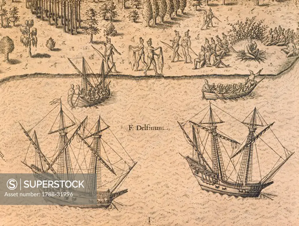 The arrival of French ships in Florida, 1602, engraving from American History by Theodore de Bry, North America 17th Century.