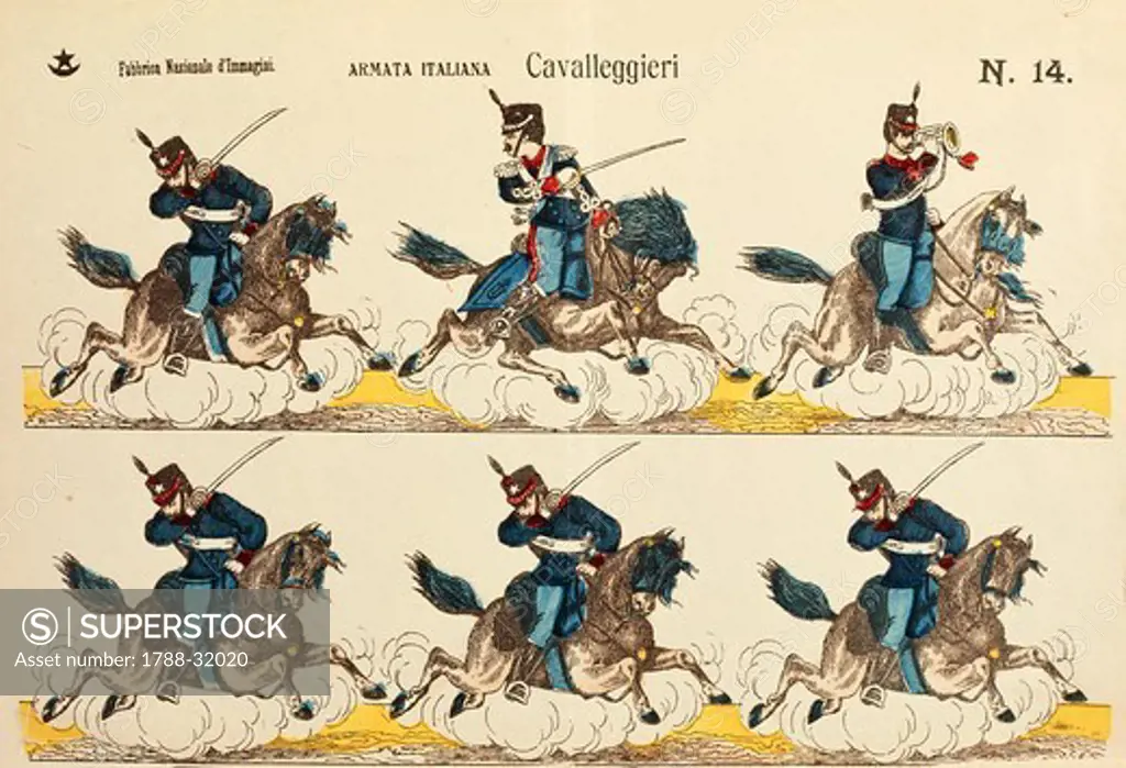 Militaria, 19th century. Italian cavalleggeri (light cavalry). Published around 1900 by Eliseo Macchi, Milan.