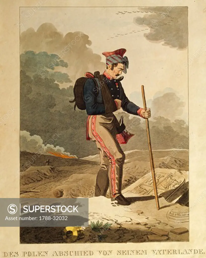 Poland, 19th century. Polish soldier says farewell to his Homeland. Engraving, 1820.