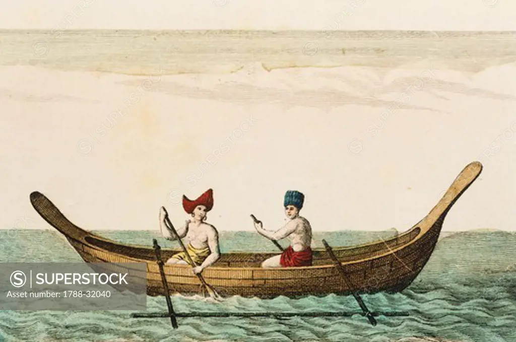 An outrigger, engraving from Water from the Travels by Jean Francois de Galaup comte de Laperouse, 18th Century.