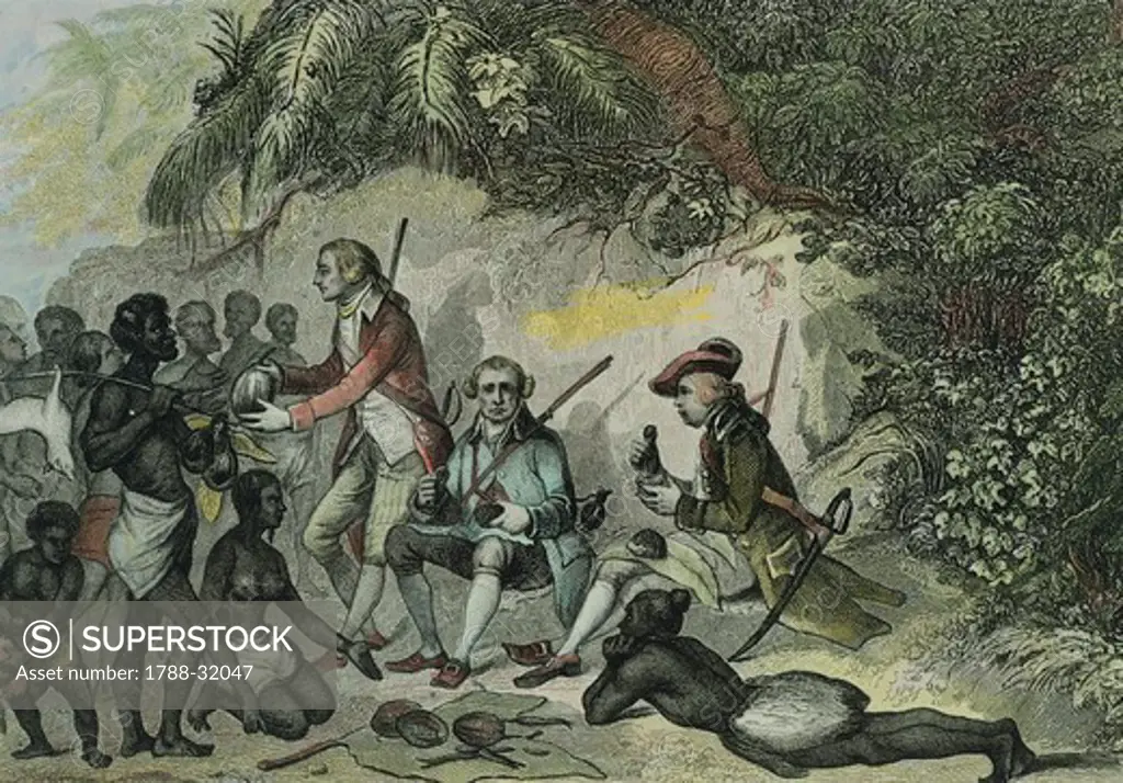 James Cook meets the Tahitians, engraving, 18th Century.