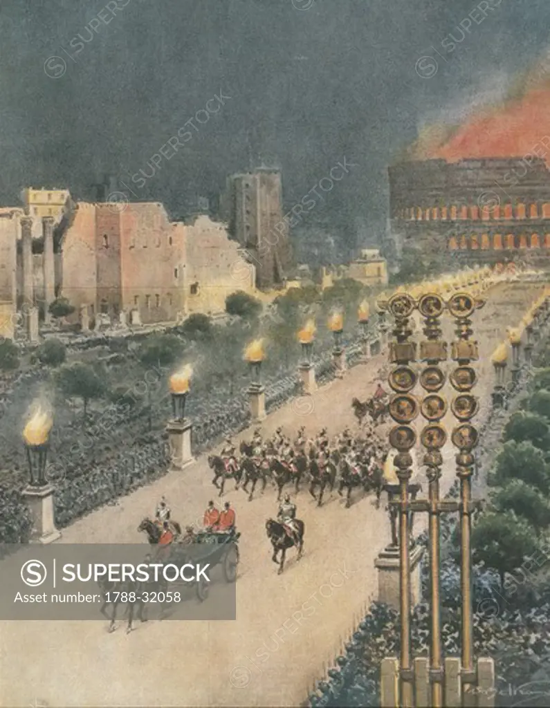 World War II - 20th century - Triumphal entry of Adolf Hitler in Rome. Drawing by Achille Beltrame (1871-1945) on the Italian weekly newspaper 'La Domenica del Corriere', 1938