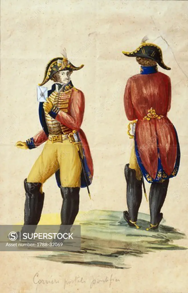 Militaria, Italy, 19th century. Uniform of Papal courier. Watercolor.