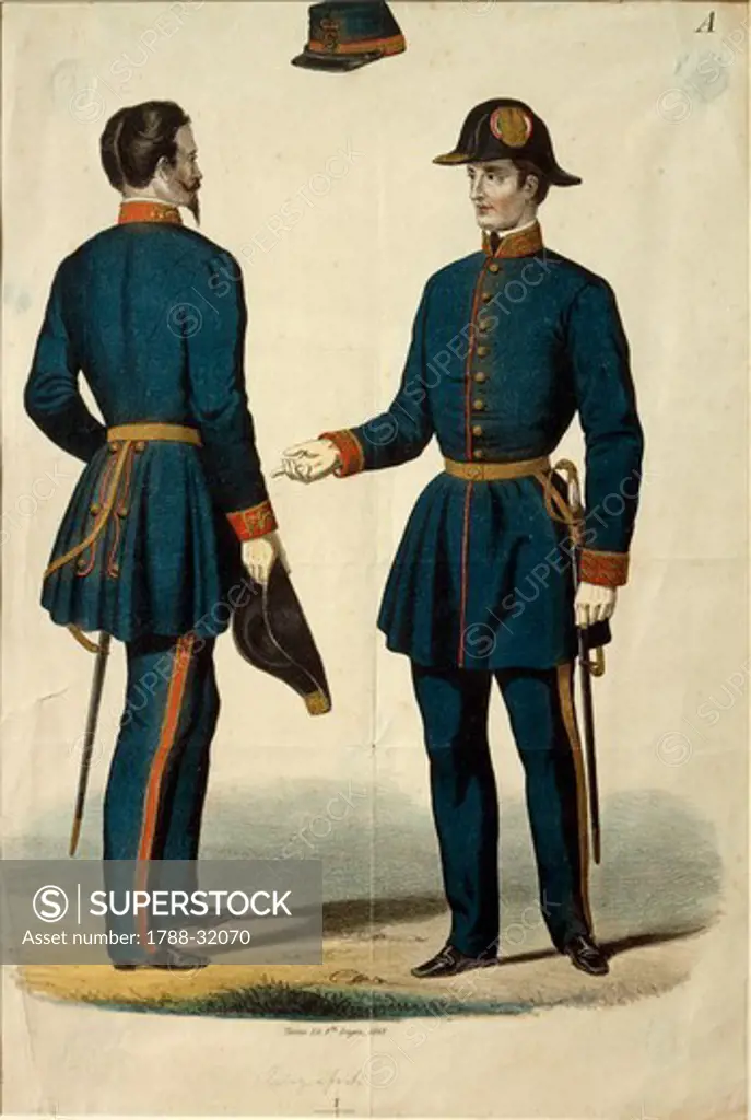 Militaria, Italy, 19th century. Uniform of telegraphist officer of the Kingdom of Sardinia. Watercolor.