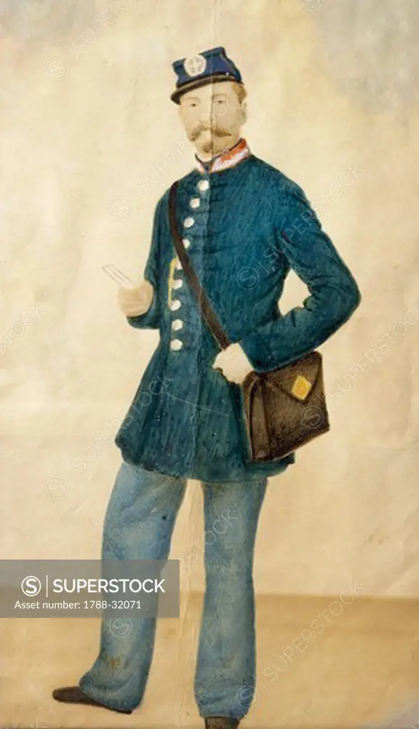 Militaria, Italy, 19th century. Uniform of courier of the Grand Duchy of Tuscany, 1862. Watercolor.