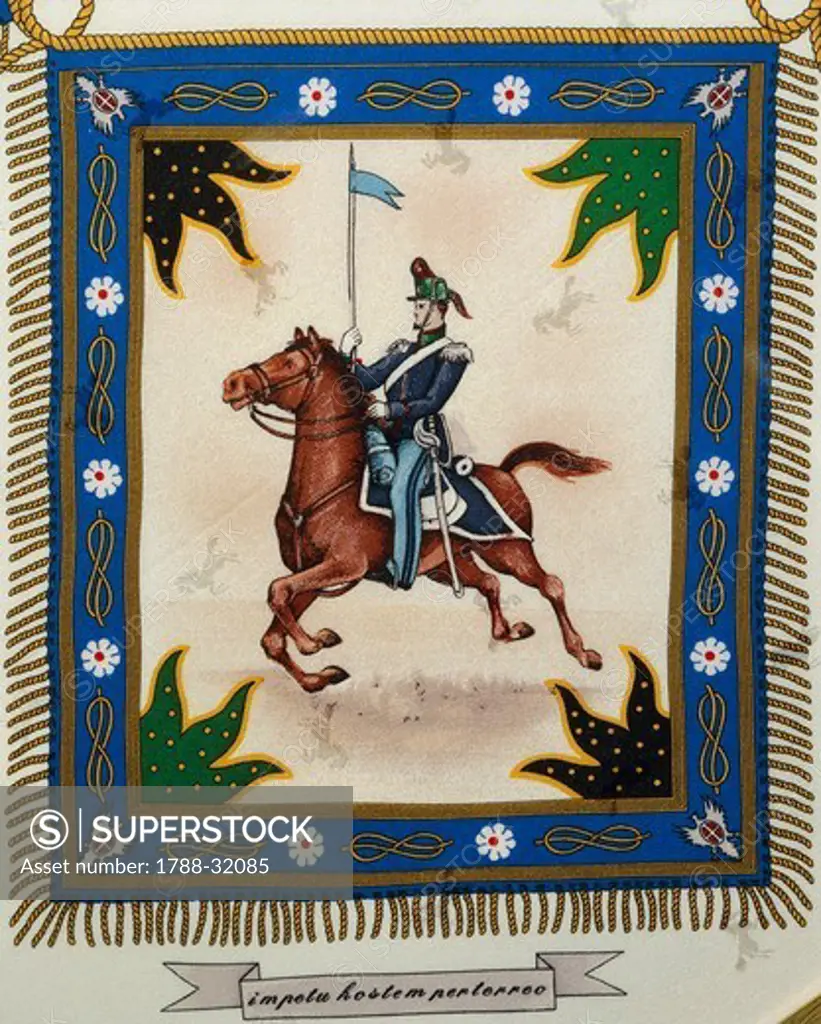 Militaria, Italy. Scarf of the Lancers Regiment. Detail: the lancer of Montebello.