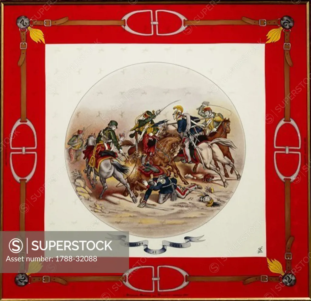 Militaria, Italy. Scarf of the Royal Piedmont Cavalry Regiment, with illustration depicting Brigadier Matieux at the Sforzesca, March 21, 1839