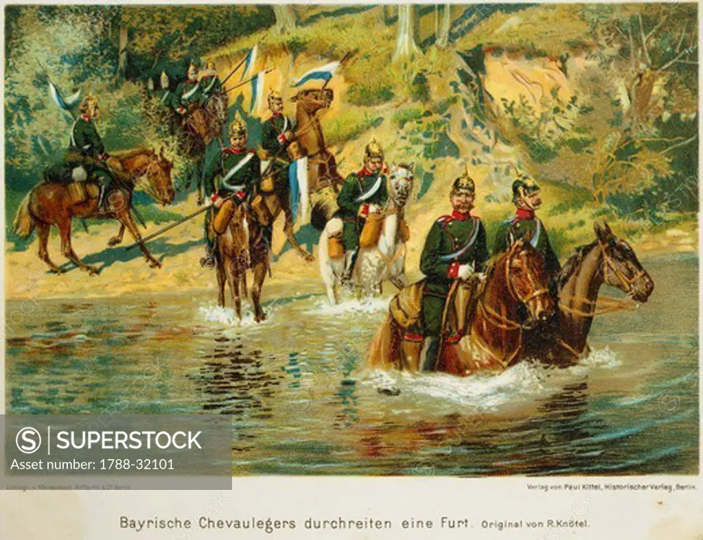 Militaria, 19th century. Bavarian cavalry fording a river. Published by Paul Kittel, Berlin.