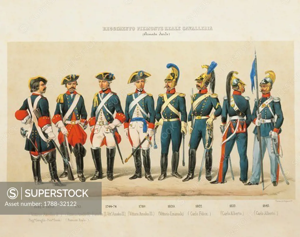 Militaria, Italy. Uniforms of the Royal Piedmont Cavalry Regiment (Sardinian Army) from the 17th to the 19th century.