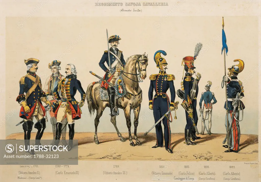Militaria, Italy. Uniforms of the Savoy Cavalry Regiment from the 17th to the 19th century.