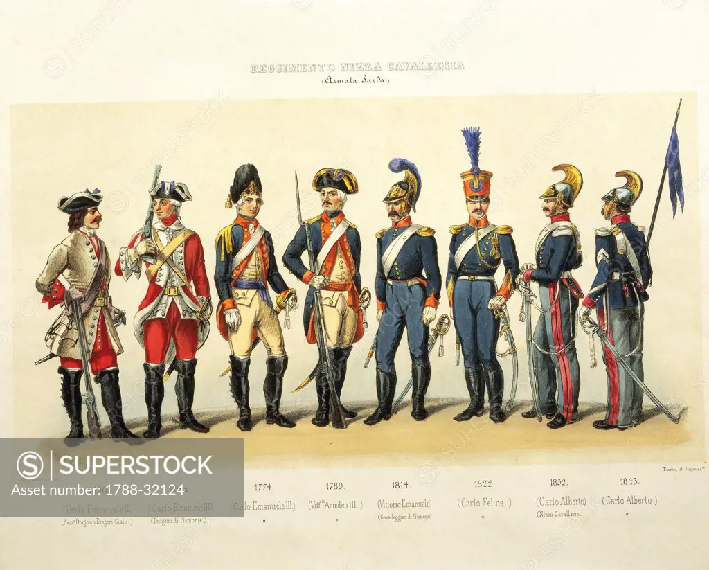 Militaria, Italy. Uniforms of the Nice Cavalry Regiment from the 17th to the 19th century.
